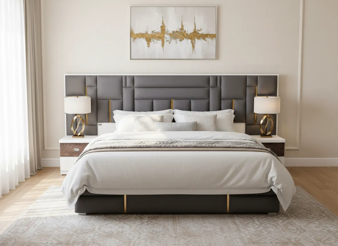 Modern Bed Headboard and Side Tables